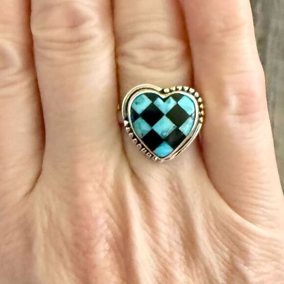 Southwest Kingman Turquoise And Onyx Heart Checker Board Sterling Silver Ring - Picture 5 of 5